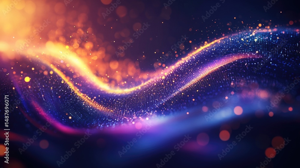 Poster a vibrant abstract background featuring flowing waves of colorful light. shimmering particles. and a