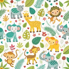 Naklejka premium Adorable jungle animals and plants pattern