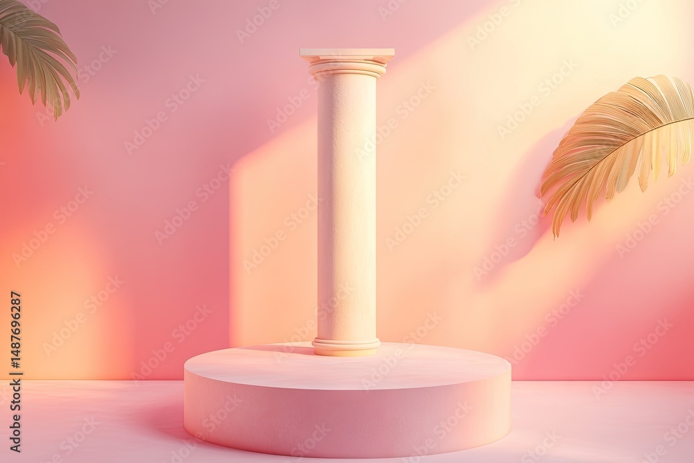Poster a minimalist pink column stands elegantly on a circular base. illuminated by soft lighting. creating