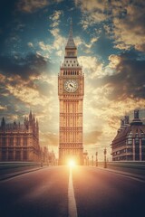 Obraz premium A dramatic view of Big Ben and the Houses of Parliament at sunset. with a reflective pothole in the foreground and moody clouds enhancing the urban atmosphere