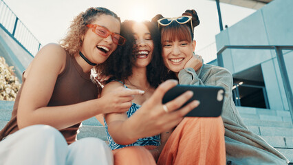 Selfie, group and women in city, funny and profile picture with happiness, support and laughing....