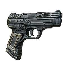 Metallic futuristic pistol design on transparent background