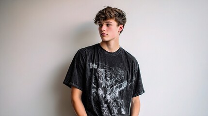 Teenager in Graphic Tee Looking Slightly to the Side