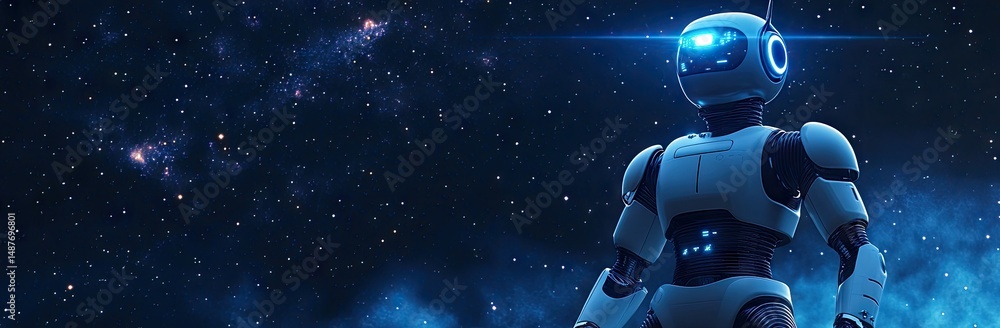 Poster a futuristic robot gazes into the vastness of space. illuminated by a vibrant beam of light. with a 
