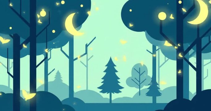 Animated Enchanted Night Forest Scene with Glowing Fireflies