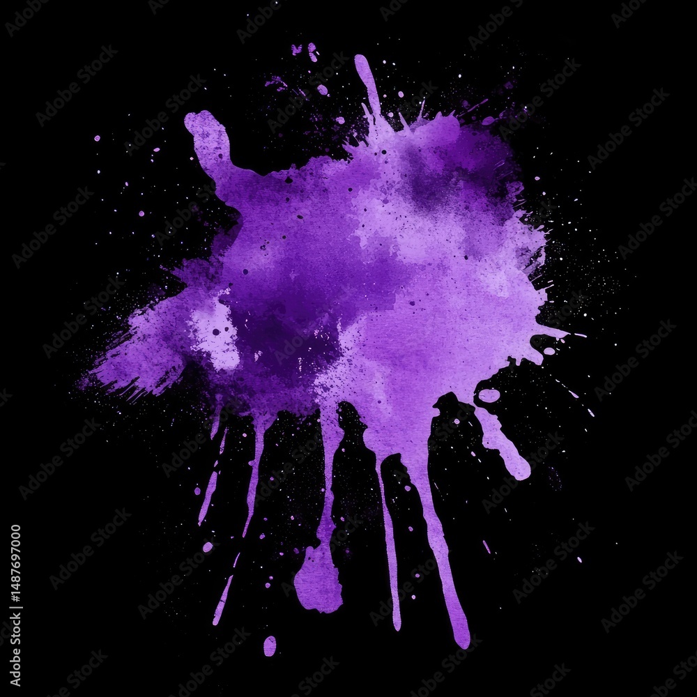 Poster a vibrant splash of purple paint against a black background. showcasing artistic expression and crea