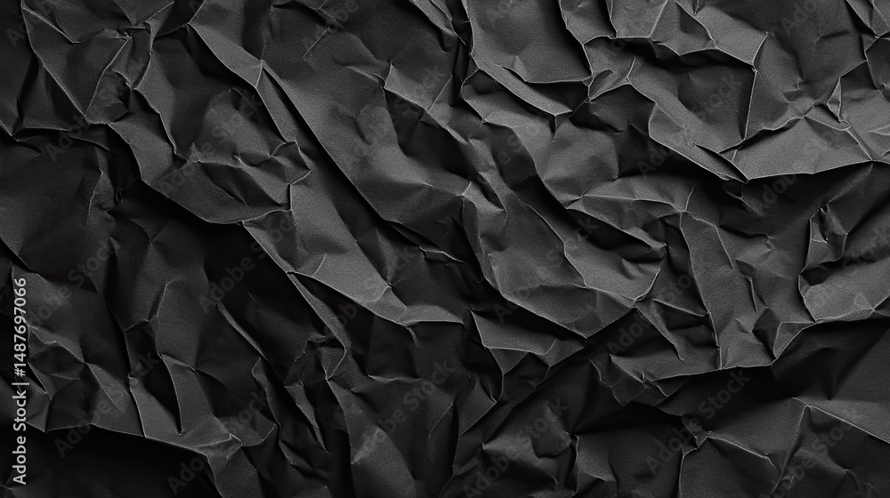 Poster a close-up view of crumpled black paper showcasing intricate textures and shadows. ideal for backgro