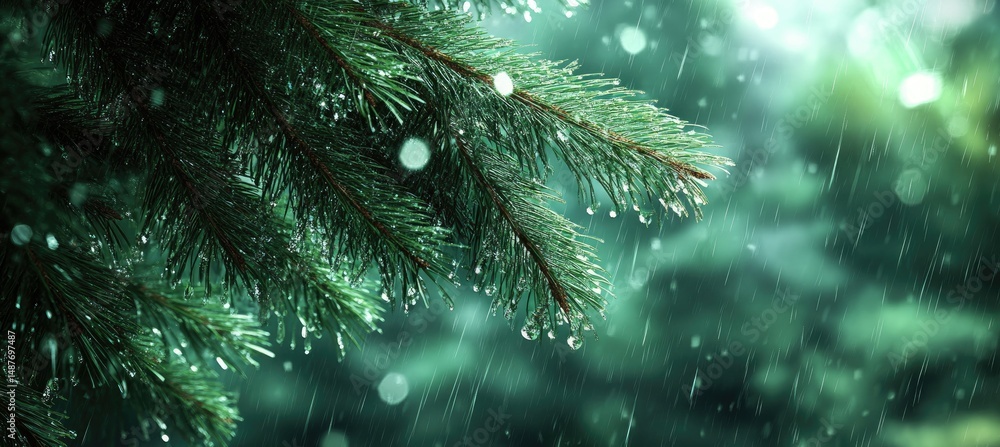 Poster a serene winter scene featuring snow gently falling through evergreen branches. creating a tranquil 