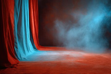 Moody Teal and Crimson Draped Stage: A Dramatic Theatrical Setting