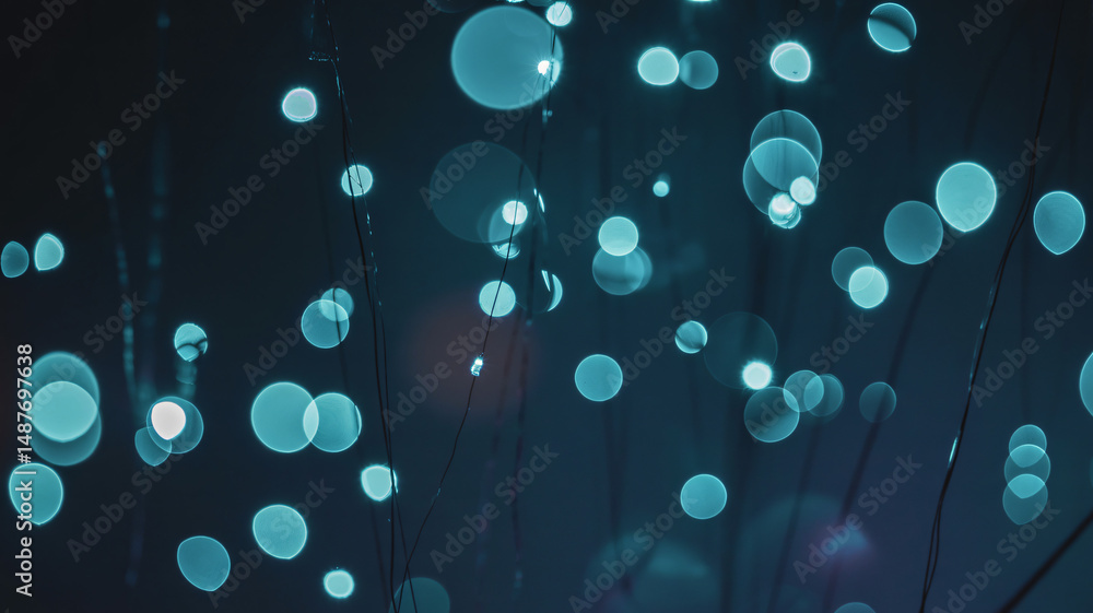 Poster teal bokeh lights floating in a dark dreamy space ai-generated