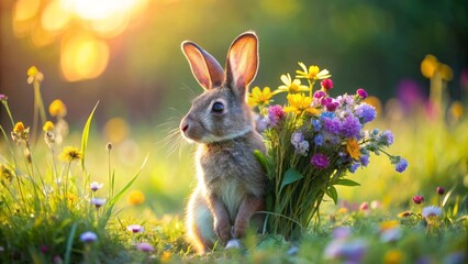 A young bunny sits amidst a vibrant meadow, bathed in the golden light of the setting sun, holding a bouquet of wildflowers.
