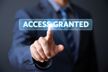 businessman pressing access granted virtual button