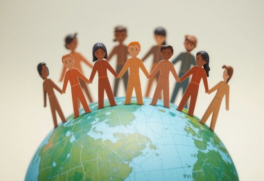 Personas recortadas en papel de distintos tonos de piel tom&aacute;ndose de la mano en una ilustraci&oacute;n de un globo terr&aacute;queo, celebrando la amistad y la paz internacionales
