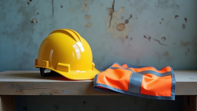 Casco amarillo sobre un banco de madera, chaleco reflectante doblado cerca, contra una pared de cemento