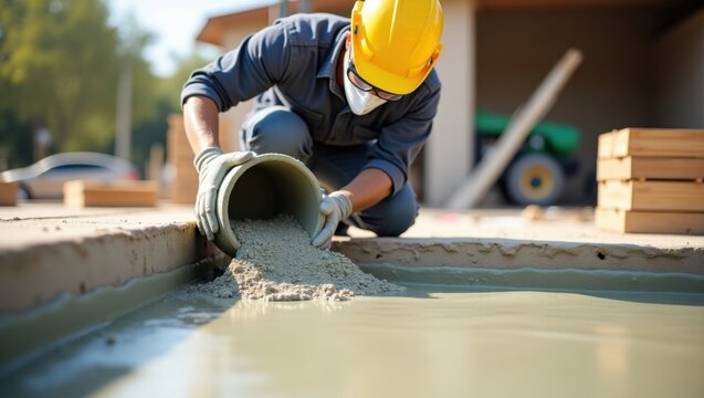 Trabajador vertiendo mezcla de cemento, compuesto nivelador l&iacute;quido que fluye, acabado sin costuras, entorno de obra, enfoque en la precisi&oacute;n