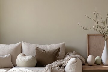 A cozy living room scene featuring a decorative chicken figurine within a wooden frame. surrounded by eggs. with a soft color palette and natural elements. creating a warm atmosphere