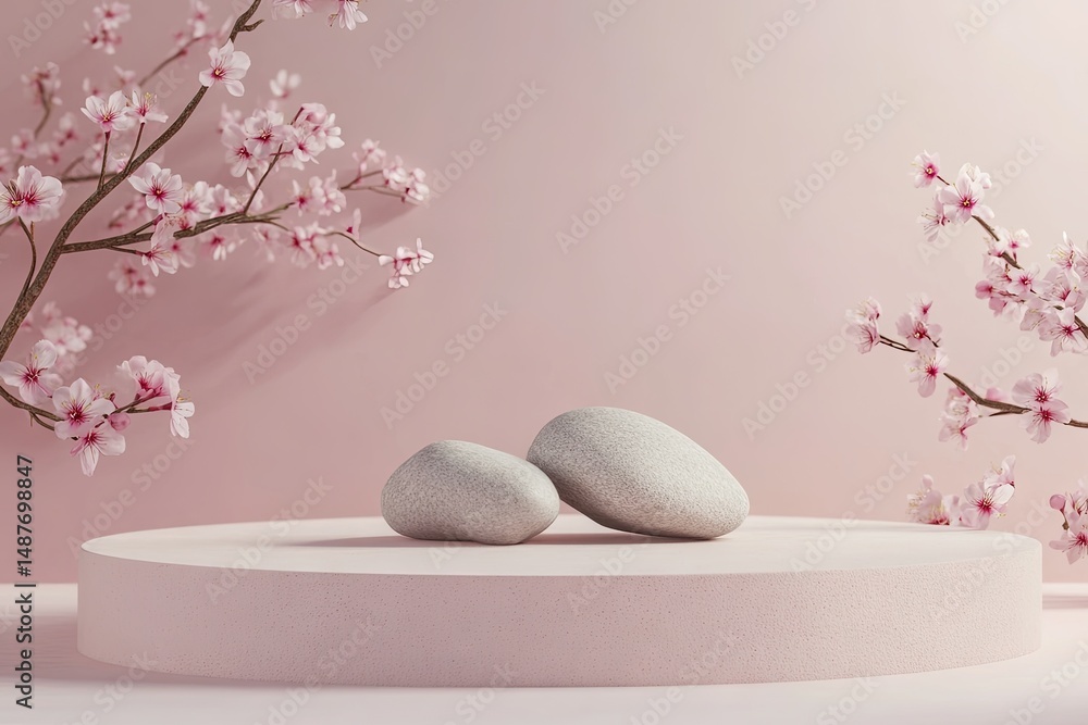 Poster a serene composition featuring a textured white round object and a stone. adorned with delicate pink