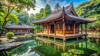 Fototapeta premium Serene Wooden Pavilion Reflecting in a Calm Pond, Surrounded by Lush Greenery and Tranquil Waters in a Picturesque Garden Setting