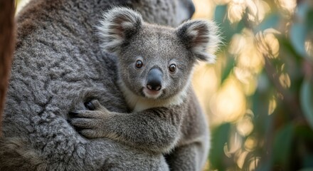 Fototapeta premium Close-up view of a koala joey clinging to its mother.