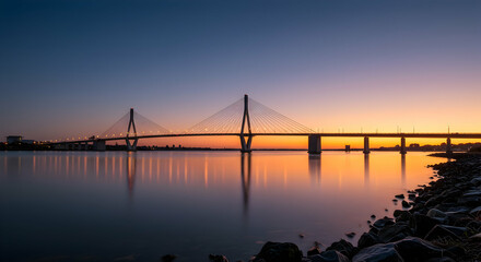 Obraz premium bridge, cable-stayed bridge, sunset, Sunset over the Cable-Stayed Bridge