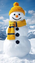 Obraz premium Snowman with yellow hat and scarf, snowy mountains