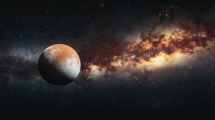 A breathtaking view of a distant planet surrounded by a vibrant galaxy. showcasing swirling cosmic colors and starlit backgrounds. ideal for science fiction themes