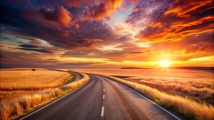 Naklejka premium A scenic asphalt road curves through a golden field under a vibrant sunset sky, offering a picturesque journey ahead
