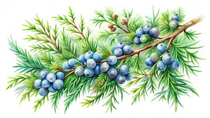 A Lush Watercolor Depiction of a Juniper Branch Adorned with Abundant Berries and Vibrant Green Foliage, Isolated on a White Background