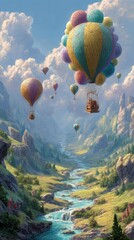 Fototapeta premium Colorful hot air balloons soaring over a picturesque valley.