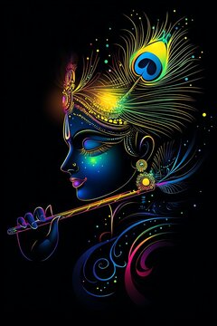 Elegant Side Profile of Lord Krishna with Peacock Feather and Flute