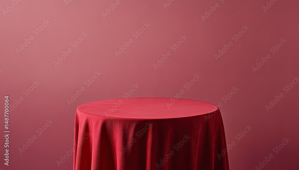 Poster a round table covered with a vibrant red cloth set against a smooth. deep red background. creating a