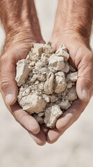 Dry soil texture in hands, showcasing natural material