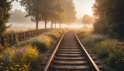 Obraz premium A lone train journeys along steel tracks through the misty morning landscape