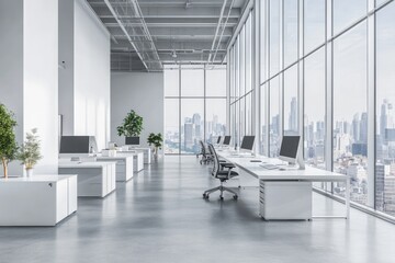 Fototapeta premium Modern office interior featuring sleek white desks and computers. overlooking a city skyline. with greenery adding a touch of nature to the urban environment