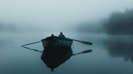 A solitary figure floats on a misty lake at dusk, surrounded by fog, in a calm and mysterious atmosphere.
