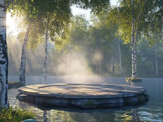 Misty morning scene, circular platform in tranquil forest.