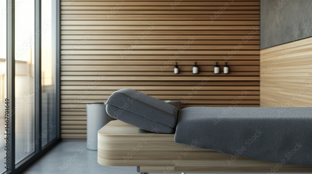Poster a serene bedroom featuring a neatly made bed with a gray blanket and pillow. complemented by soft li