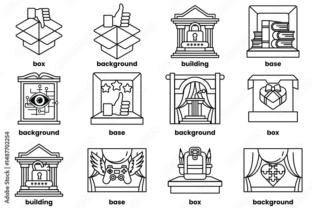 Poster set of illustrations in the concept of business background and objects in line style