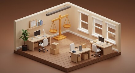 Office Isometric View with Scale Symbolizing Justice and Balance