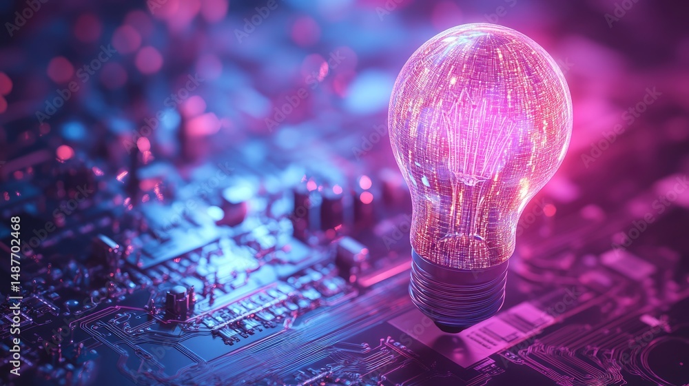 Poster a glowing light bulb surrounded by vibrant pink circuit patterns. symbolizing innovation and technol