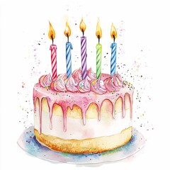 birthday cake with candles, watercolour