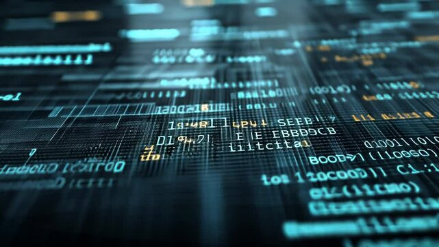 Abstract digital data stream with binary code and glowing elements in a futuristic environment