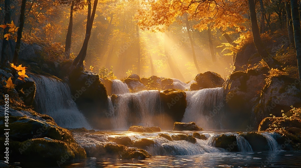 Poster a serene autumn landscape featuring a cascading waterfall surrounded by vibrant orange and yellow fo