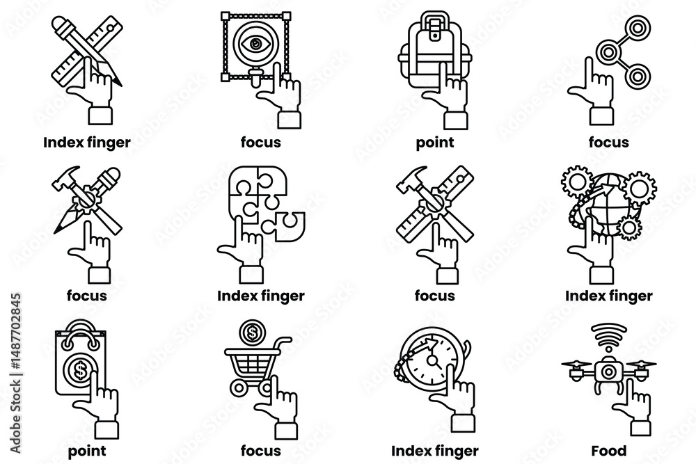 Poster set of images of hands pointing at various things in a line drawing style