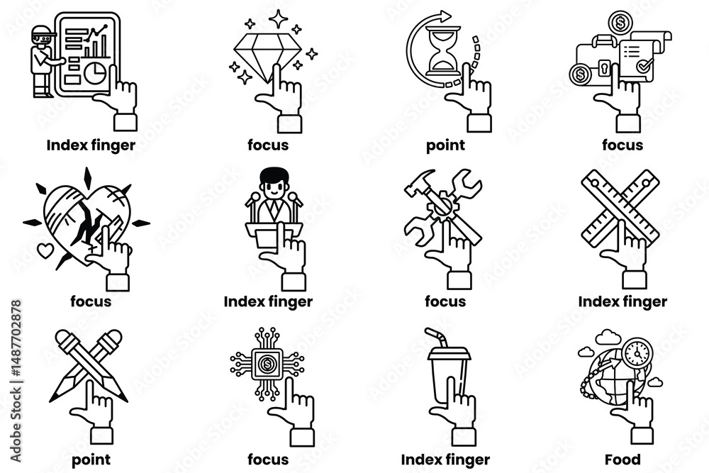 Poster set of images of hands pointing at various things in a line drawing style