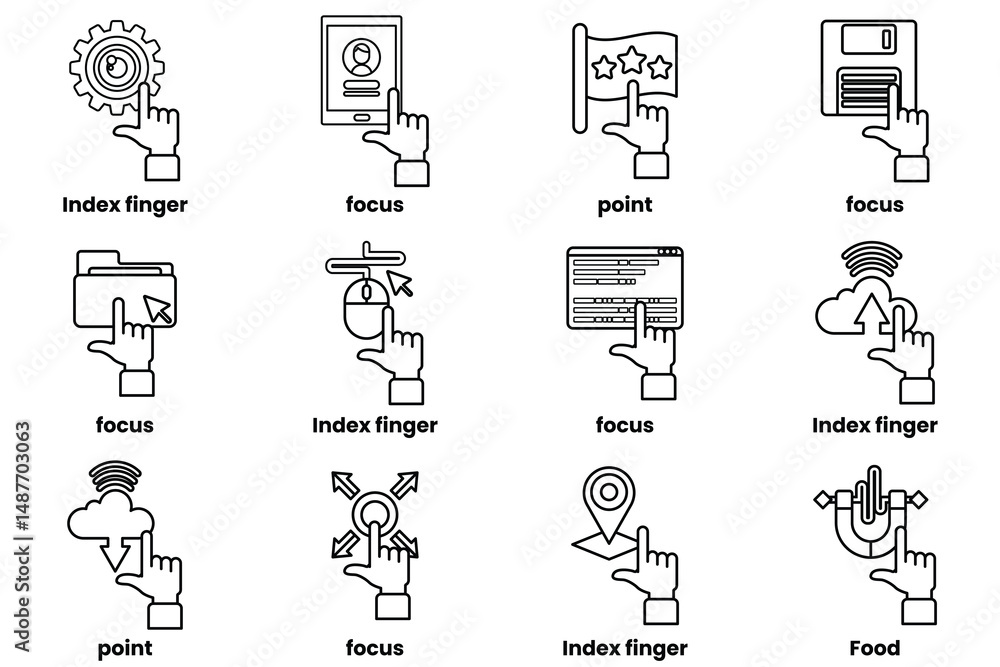 Poster set of images of hands pointing at various things in a line drawing style