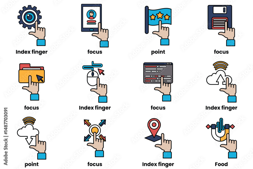 Poster set of images of hands pointing at various things in a line drawing style