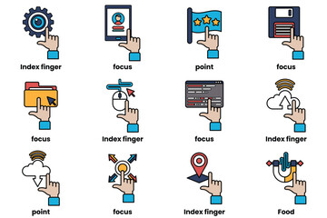 set of images of hands pointing at various things in a line drawing style