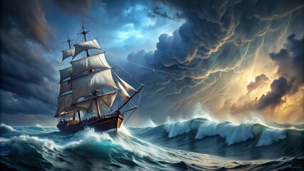 A Majestic Sailing Vessel Navigates Treacherous Waves Under a Dramatic, Stormy Sky