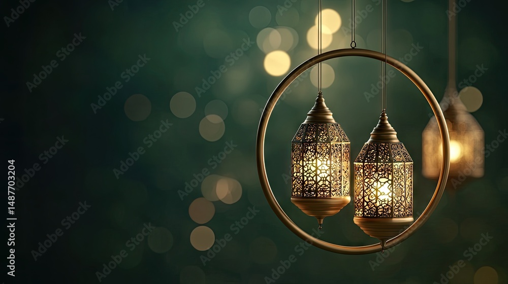Poster elegant decorative lanterns hanging in a circular arrangement against a soft green background. with 